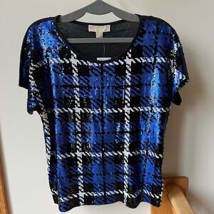 Michael Kors Short Sleeve Sequin Plaid Top Blue Whitee Black Medium New NWT